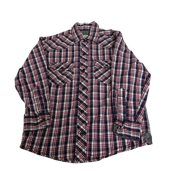 PD&C Other - PD&C Boys Large‎ 16 Red Blue White Plaid Western Snap Front Cotton Shirt Cowboy